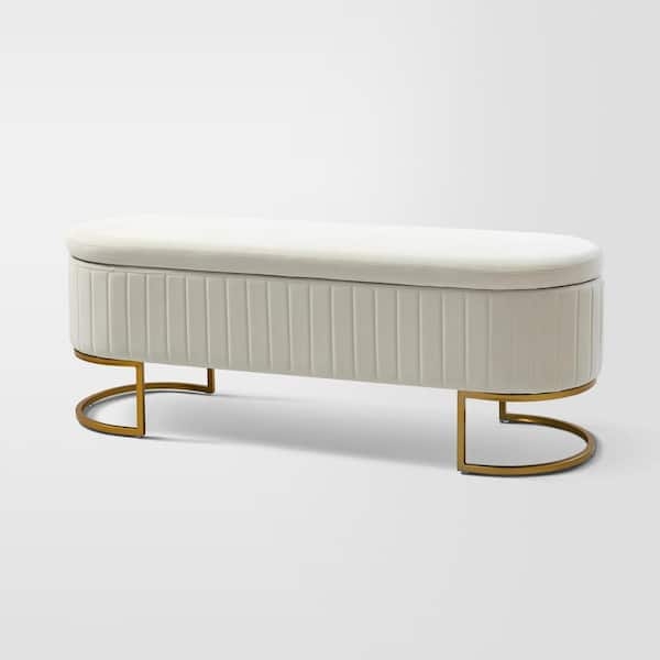 Storage Bench Gold Sled Legs Ribbed Upholstery Pill Shaped