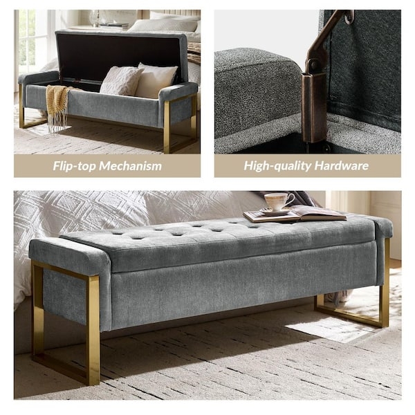 Storage Bench Grey Tufted Bedroom Seat with Gold Sled Legs Glam Style