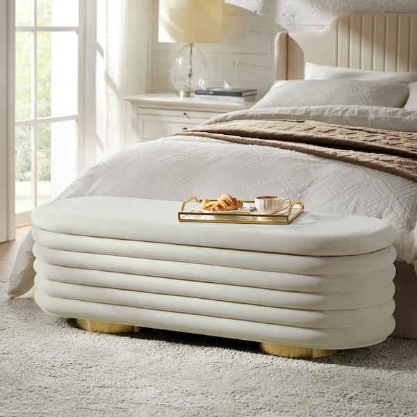 Storage Bench Horizontal Ribbing Pill Shape Gold Feet Glam