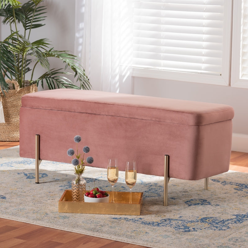 Storage Bench in Blush Velvet with Gold Metal Legs, Glam Seating