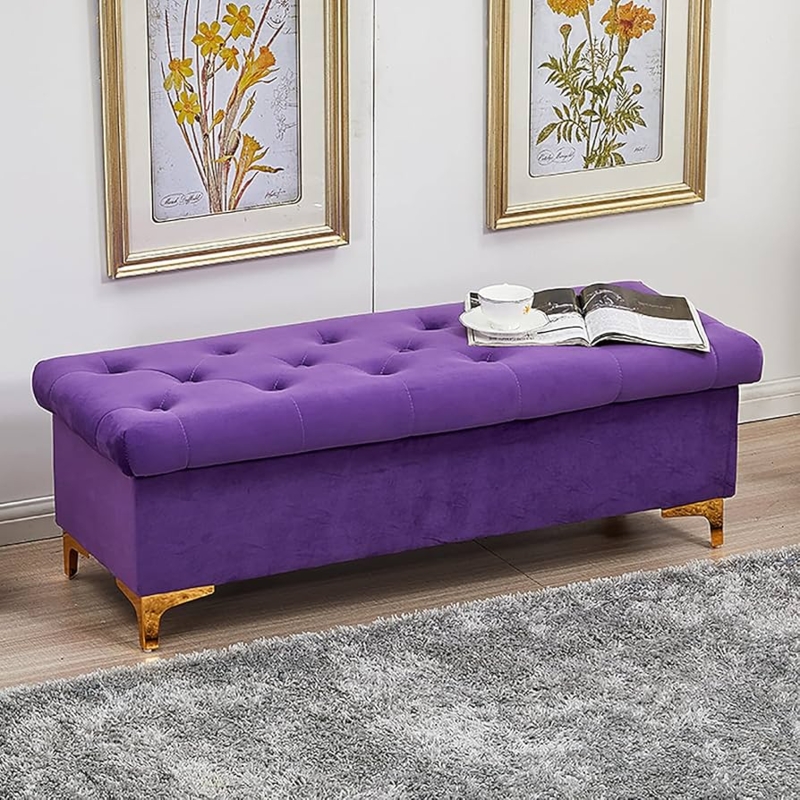 Storage Bench in Lake Blue Velvet with Gold Tapered Legs for Bedroom