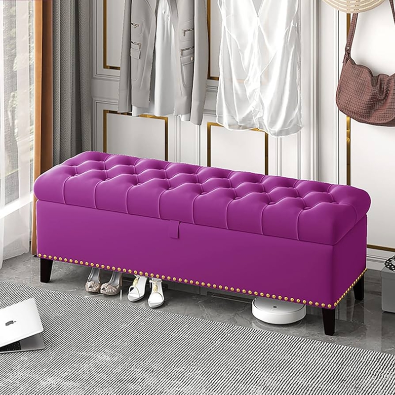 Storage Bench in Purple Velvet with Gold Metal Legs, Glam Entryway Seating