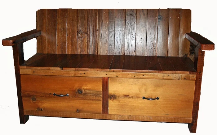 Storage Bench Integrated Hutch Shelf Barnwood Texture High Back