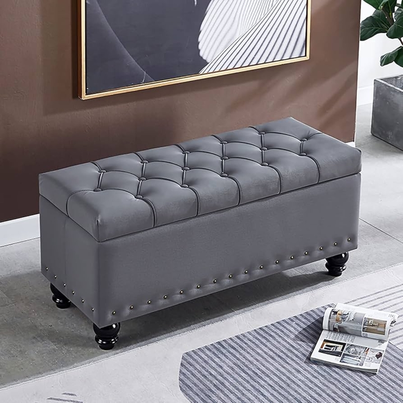 Storage Bench, Leather-Like Tufted with Nailhead & Turned Legs