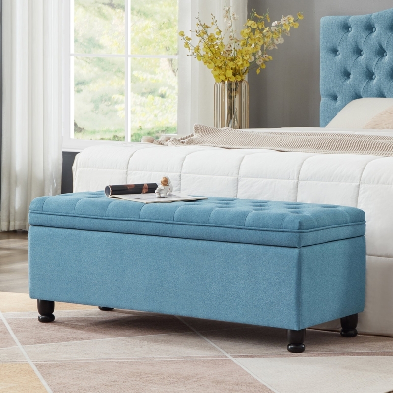 Storage Bench Light Blue Tufted Spindle Legs Bedroom Seating