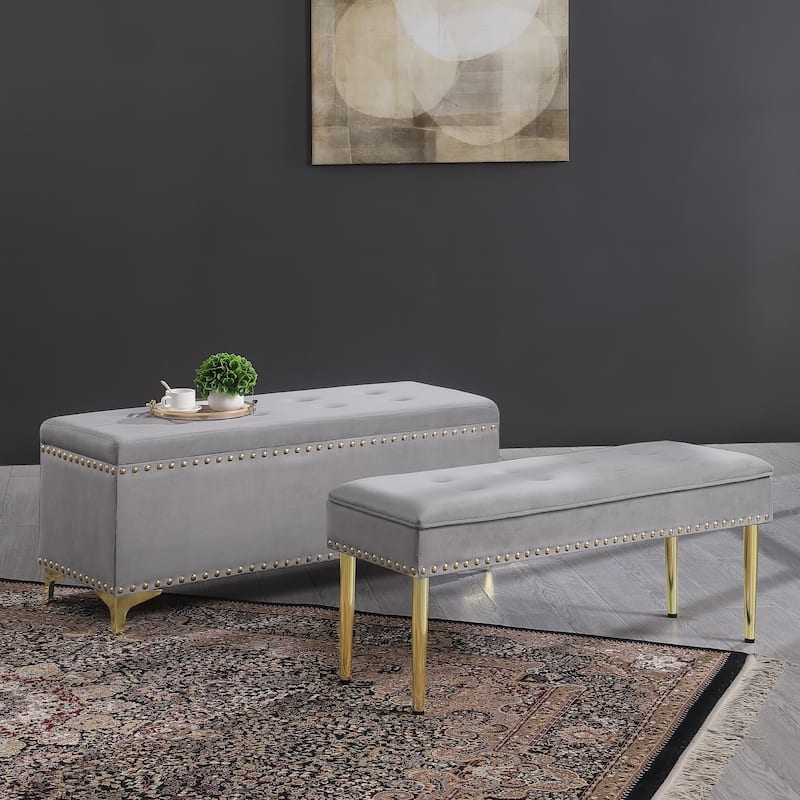Storage Bench Nesting Design Navy Blue Velvet Diamond Tufted Gold Legs