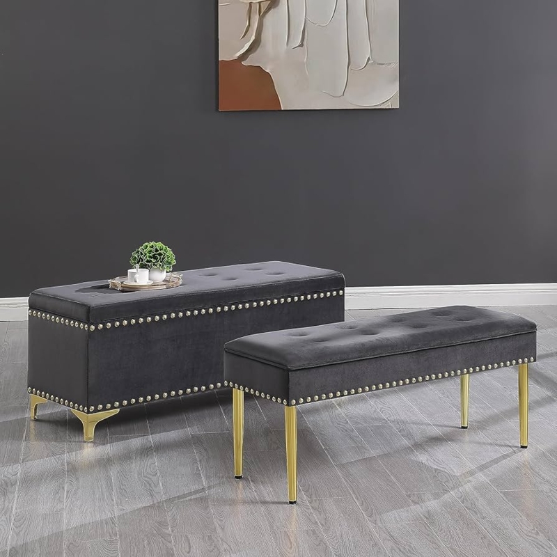 Storage Bench Nesting Set Grey Velvet Gold Legs Tufted Top Nailheads