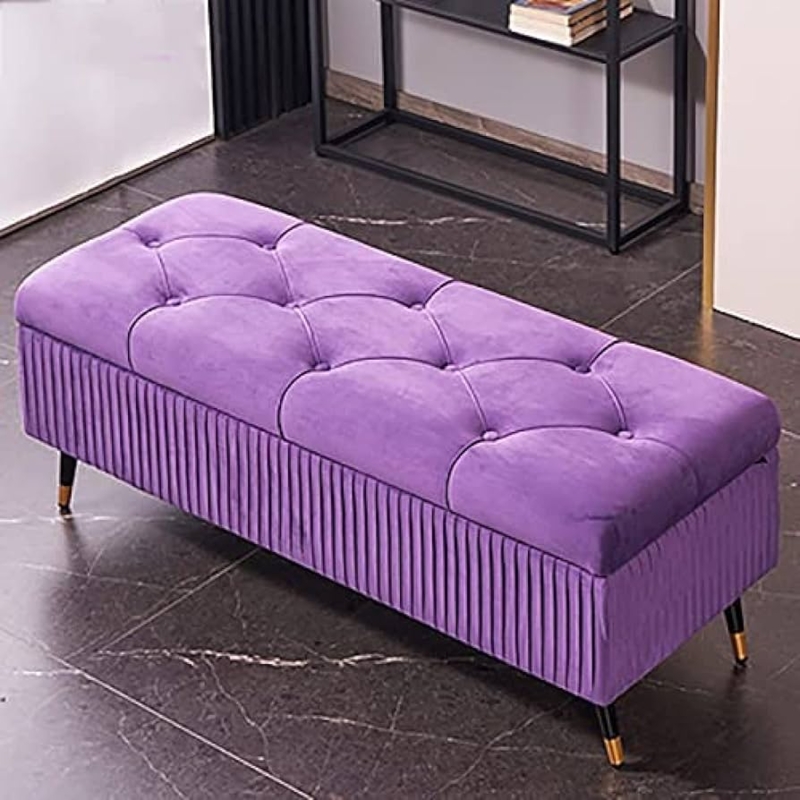 Storage Bench Ottoman in Purple Velvet with Modern Channel Tufting