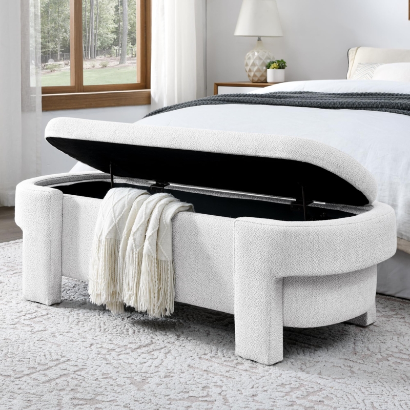 Storage Bench Oval Ivory Upholstered Flip Top End of Bed