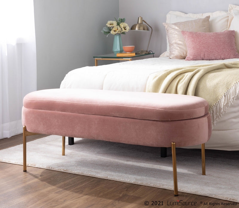 Storage Bench, Pill-Shaped with Slim Gold Legs in Blush Velvet