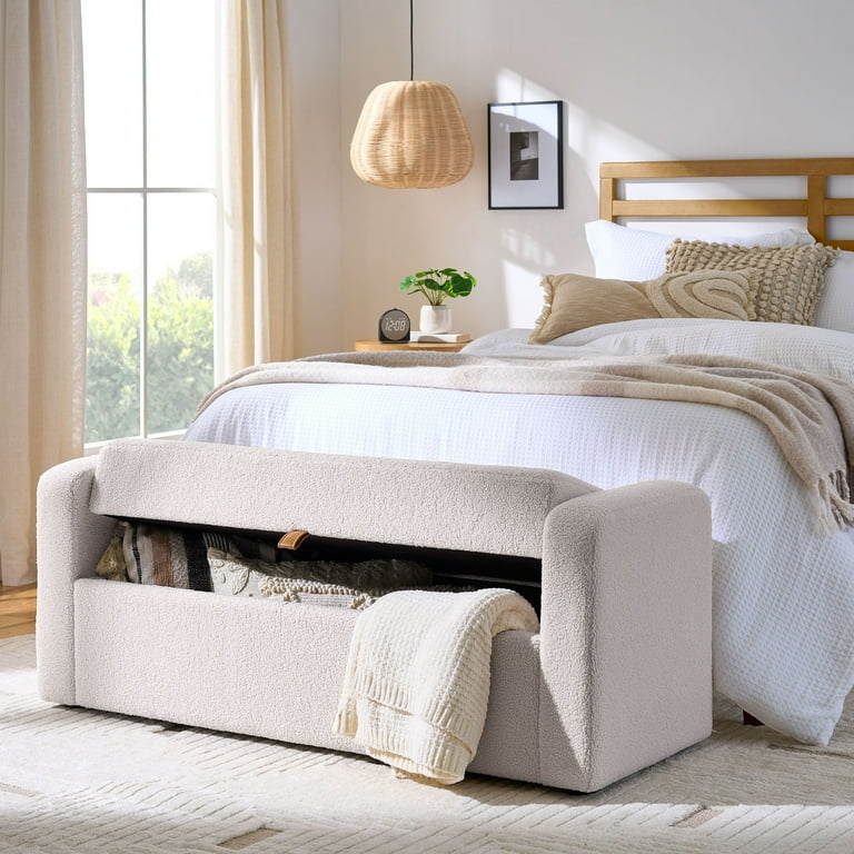 Storage Bench, Rounded Silhouette, Flip Top, Cream Boucle