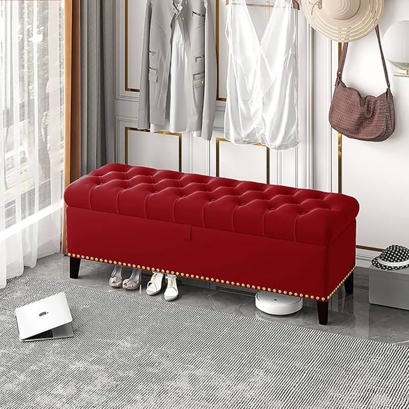 Storage Bench Ruby Red Velvet Gold Metal Legs Deep Tufting Glam Bedroom