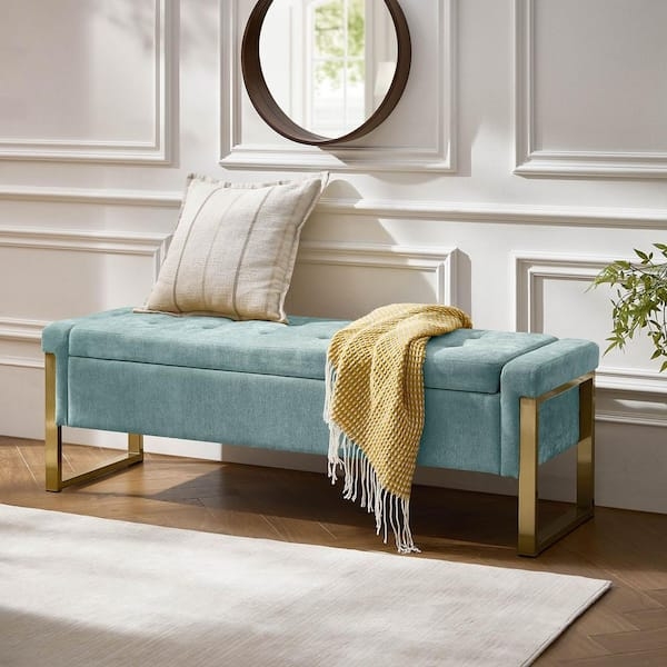 Storage Bench Sage Blue Seating with Button Tufting and Gold Sled Legs