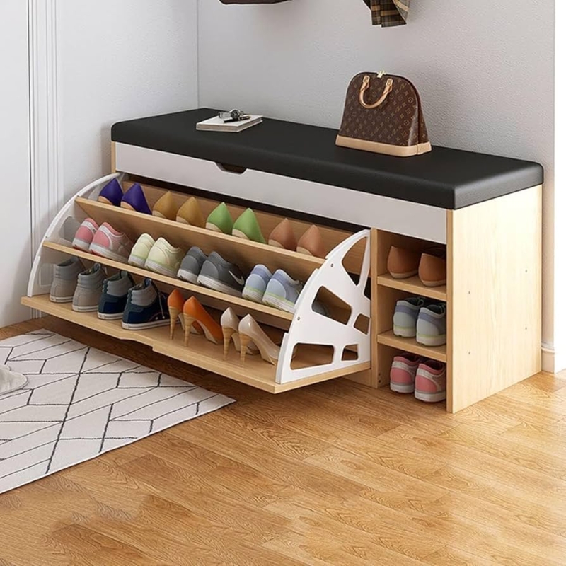 Storage Bench Slatted Door Cabinet, Wood-Toned Shoe Seating