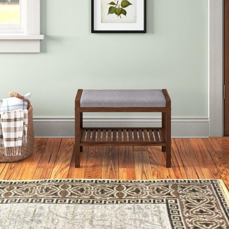 Storage Bench Slatted Storage Shelf Grey Upholstered Seat