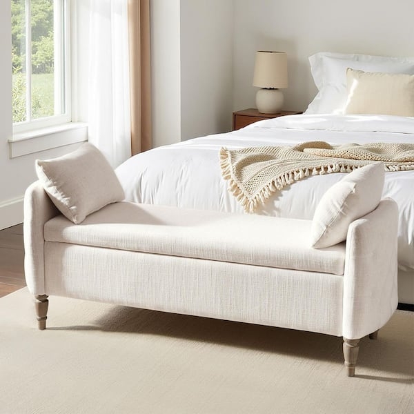 Storage Bench Turned Legs Bolster Pillows Ivory Bedroom Seat