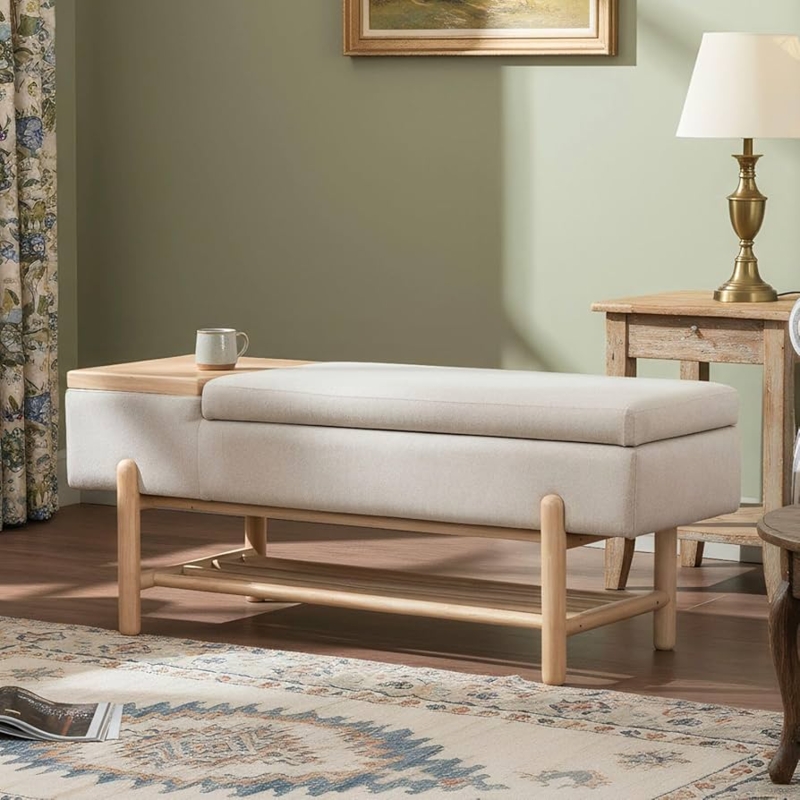 Storage Bench Upholstered with Integrated Side Table and Slatted Shelf