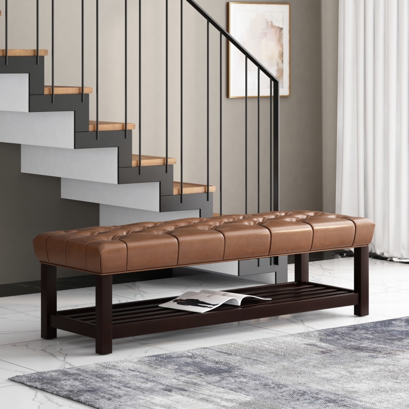Storage Bench Warm Brown Tufted Slatted Shelf Dark Walnut Base