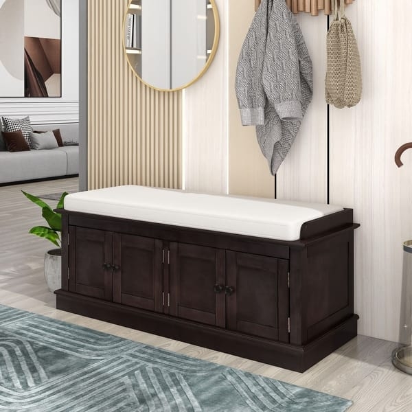 Storage Bench White Beadboard Doors Four Doors Grey Cushion
