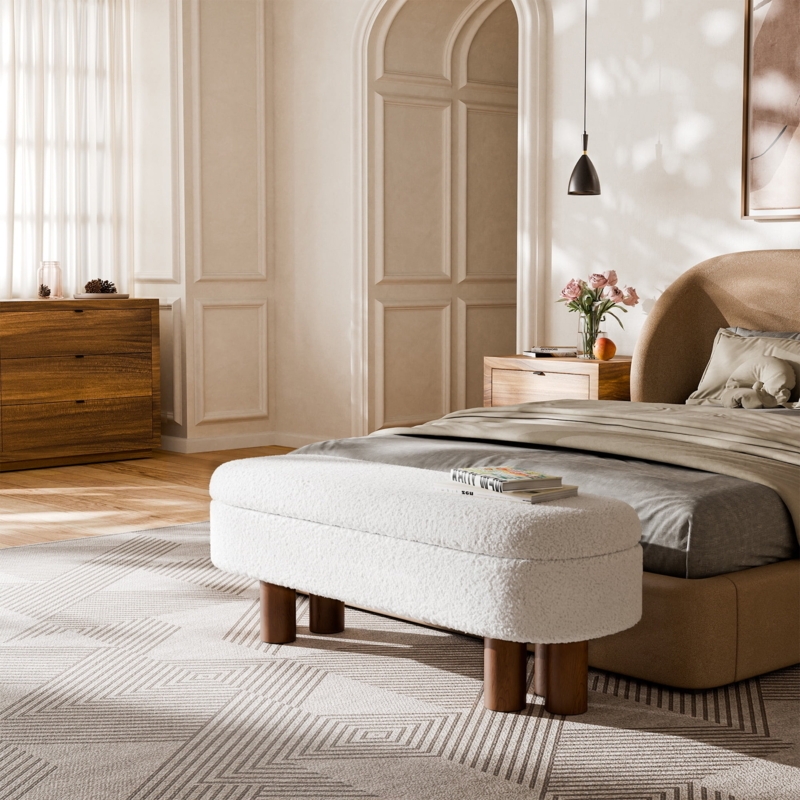 Storage Bench White Boucle Bedroom Seat with Chunky Cylindrical Legs