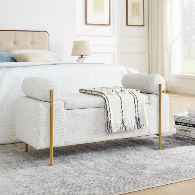 Storage Bench White Boucle Cylindrical Bolster Arms Gold Legs Glam