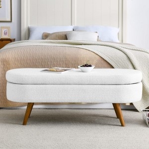 Storage Bench White Boucle Pill-Shaped, Boucle Storage Bench for Bedroom.