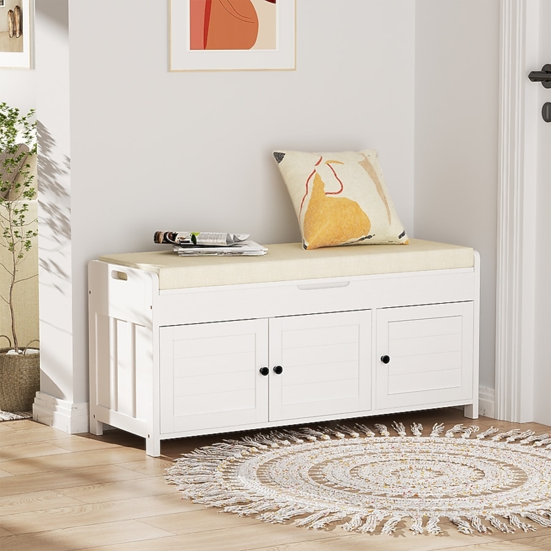 Storage Bench White Central Drawer Open Cubbies Gray Seat