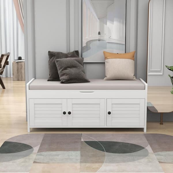 Storage Bench White Louvered Doors Grey Cushion Coastal