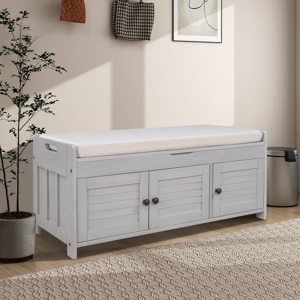 Storage Bench White Shutter Doors Linen Cushion Cutout Handles Coastal