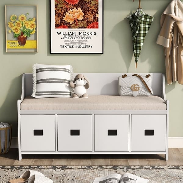 Storage Bench White Slatted Backrest Four Drawers Entryway