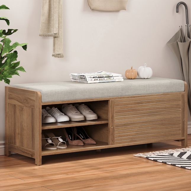 Storage Bench Whitewashed Distressed Finish, Coastal Farmhouse
