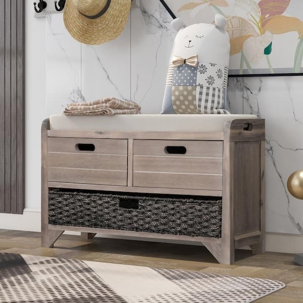Storage Bench Whitewashed Finish Removable Woven Basket Modern Farmhouse