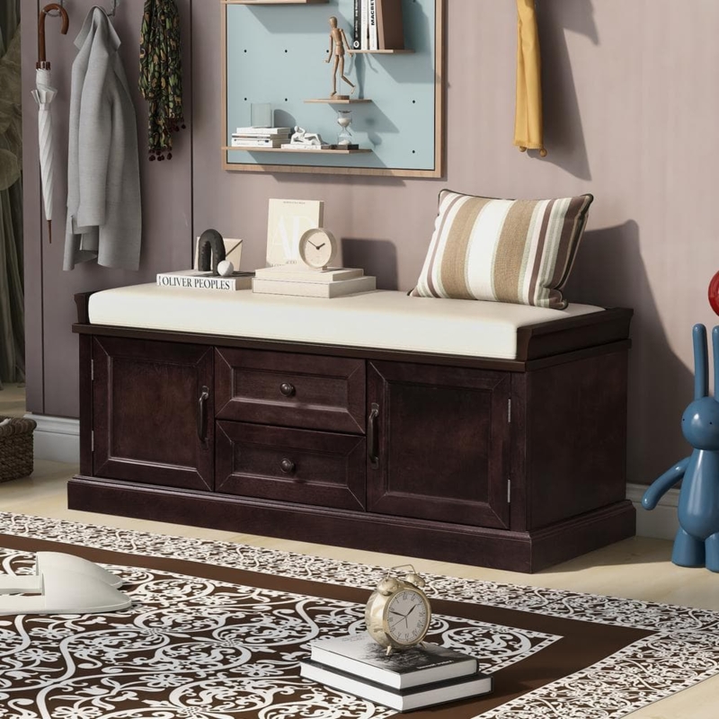 Storage Bench with 2 Drawers, 2 Cabinets, Cream Cushion