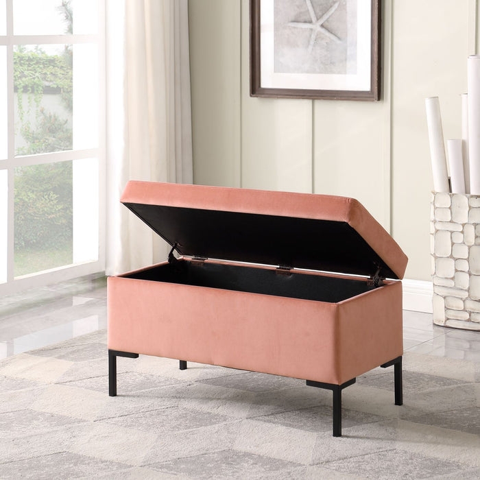 Storage Bench with Black Metal Legs, Blush Velvet and Hinged Lid