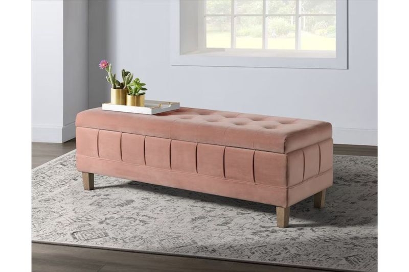 Storage Bench with Button Tufted Top and Pleated Panels in Blush