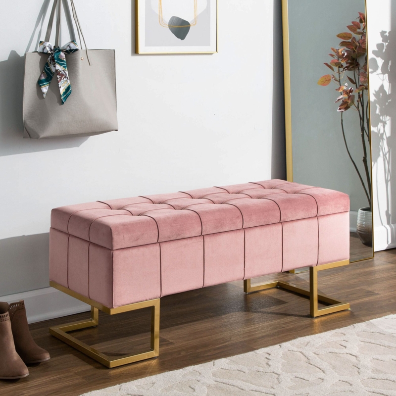 Storage Bench with Geometric Gold Base and Tufted Blush Velvet Seat