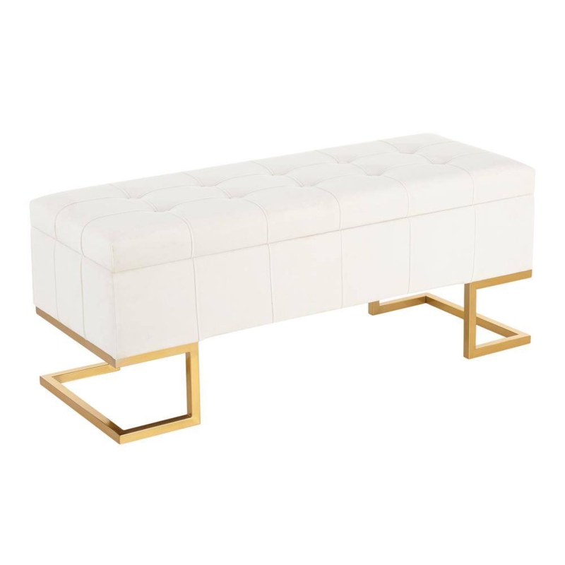 Storage Bench with Geometric Legs and Biscuit Tufting