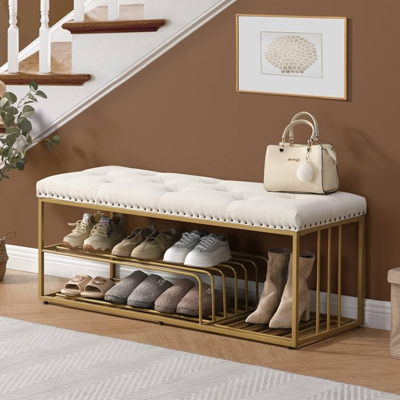 Storage Bench with Integrated Shoe Storage Shelves, Metallic and Fabric