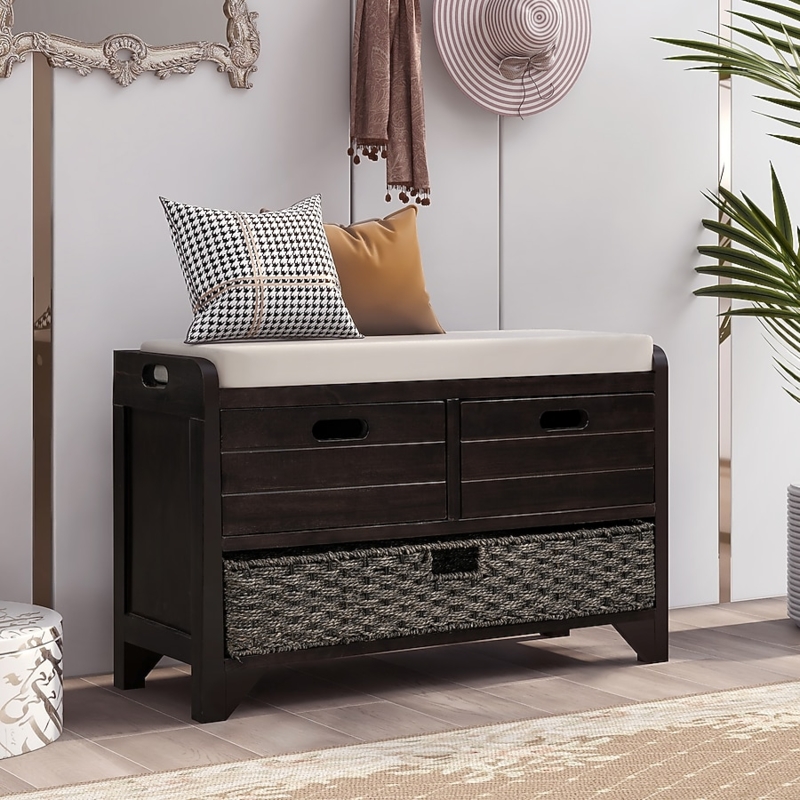 Storage Bench with Integrated Woven Basket and Dual Drawers, Espresso Finish