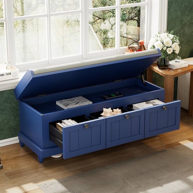 Storage Bench with Lift-Top Compartment & Triple Drawer Base