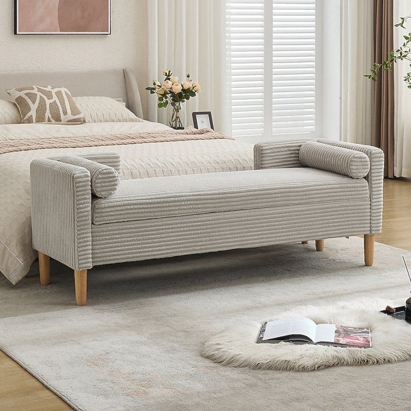 Storage Bench with Ribbed Texture and Bolster Pillows in Gray Upholstery