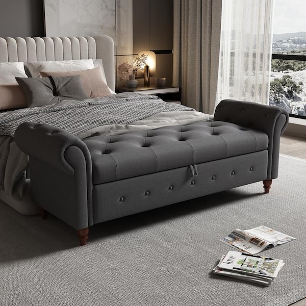 Storage Bench with Rolled Arms, Tufted & Hidden Storage