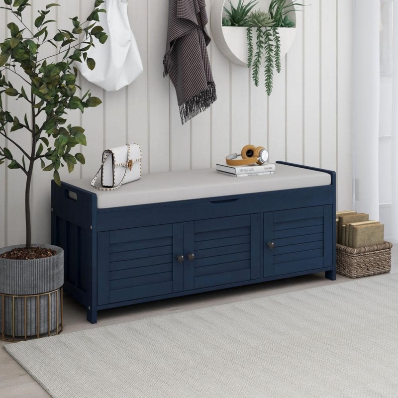 Storage Bench with Shutter Doors & Antique Navy Finish