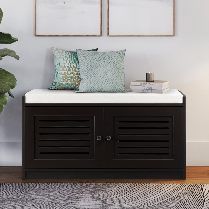 Storage Bench with Slatted Doors, White Cushion