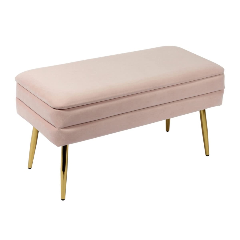 Storage Bench with Tapered Gold Legs in Blush Velvet, Modern Ottoman