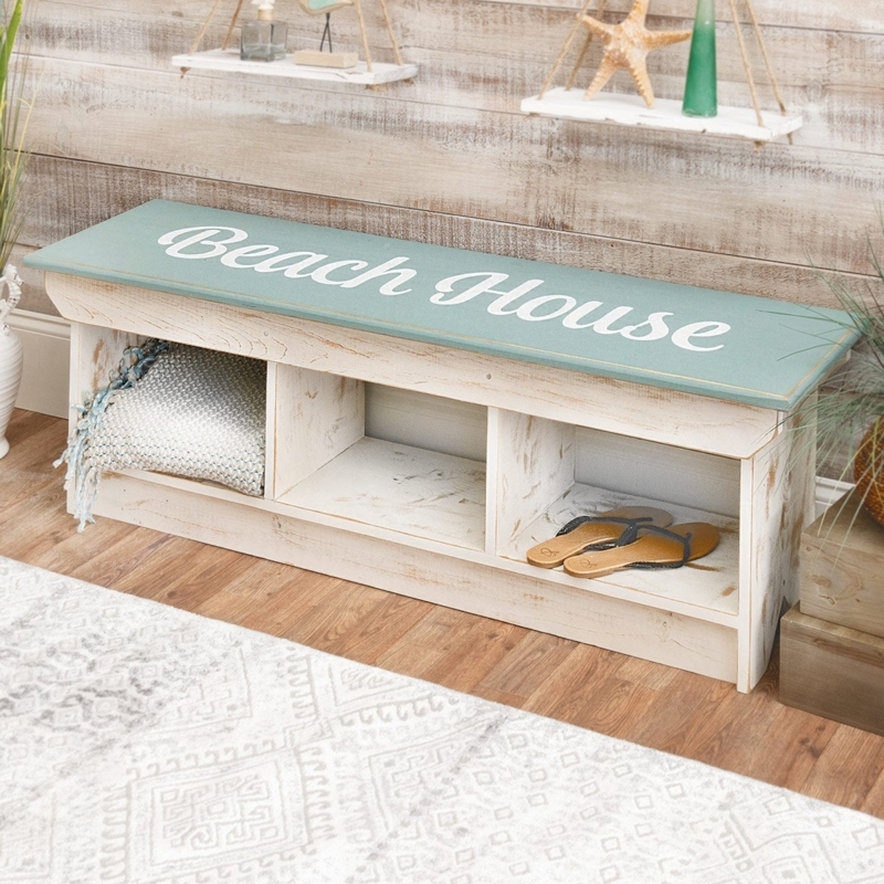 Storage Bench with Teal Seat Top and Beach House Text