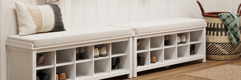 Storage Bench with Woven Basket Storage, Honey Wood Mudroom seating