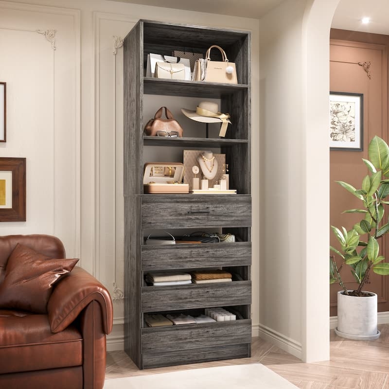 Storage Bookcase, White Oak Finish with Four Drawers and Narrow Profile