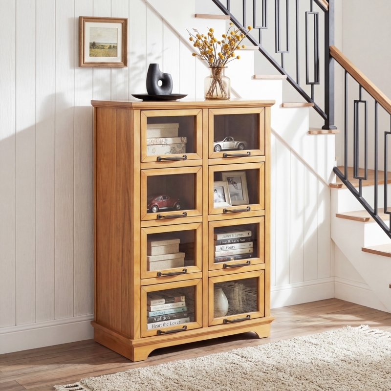 Storage Cabinet Eight Glass Doors Tapered Feet Mid-Century Light Wood