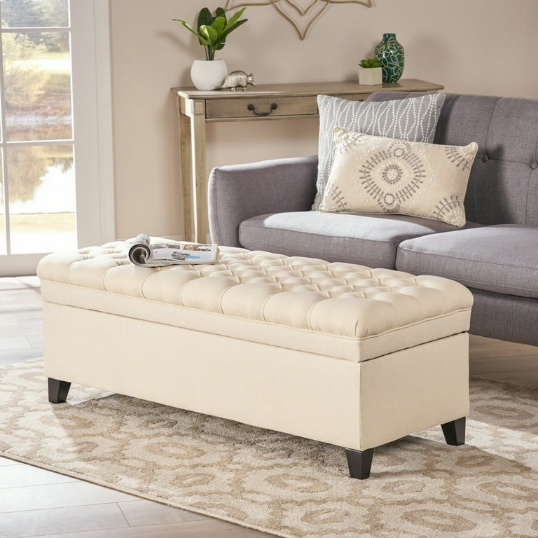 Storage Ottoman Beige Button Tufted Dark Tapered Legs Bedroom